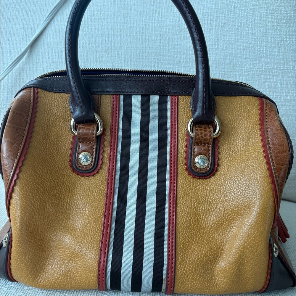 Henri Bendel Tan and Brown Satchel with Stripes
